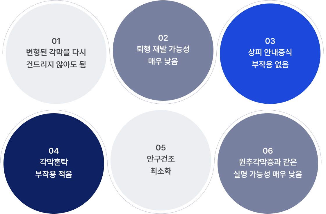 01 변형된 각막을 다시 건드리지 않아도 됨, 02.퇴행 재발 가능성 매우 낮음 03.  상피 안내증식
                            부작용 04 각막혼탁 부작용 05 안구건조 최소화 적음 06 원추각막증과 같은 실명 가능성 매우 낮음 이미지 